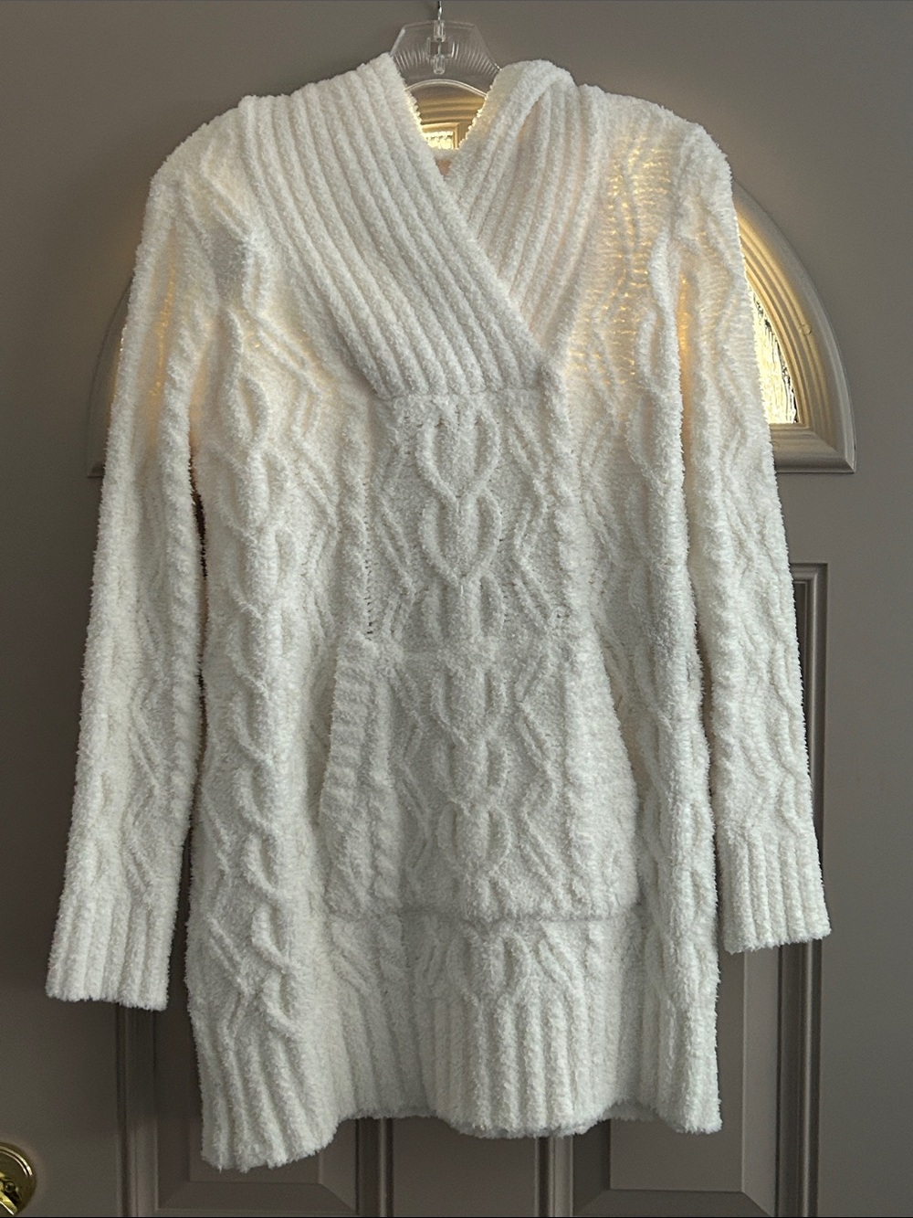Barefoot Dreams Off White Knit Hooded Cardigan Sweater W/Braid & Ribbed Pattern